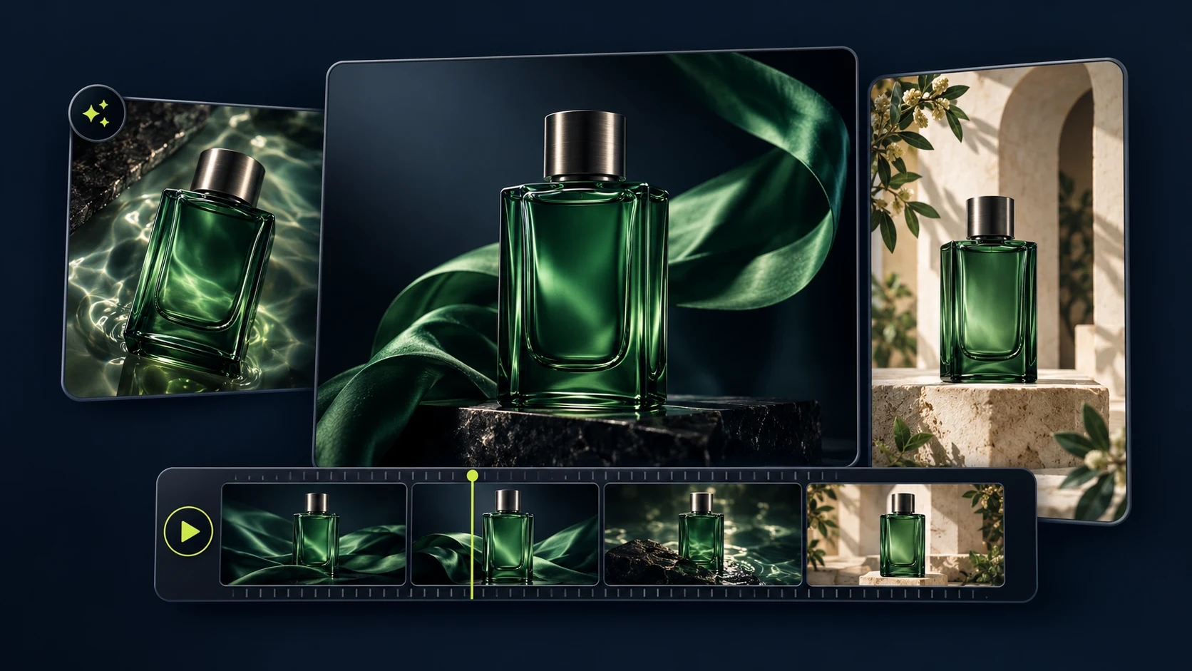 AI-generated green perfume campaign showing product photography, a social ad, and a video editing timeline