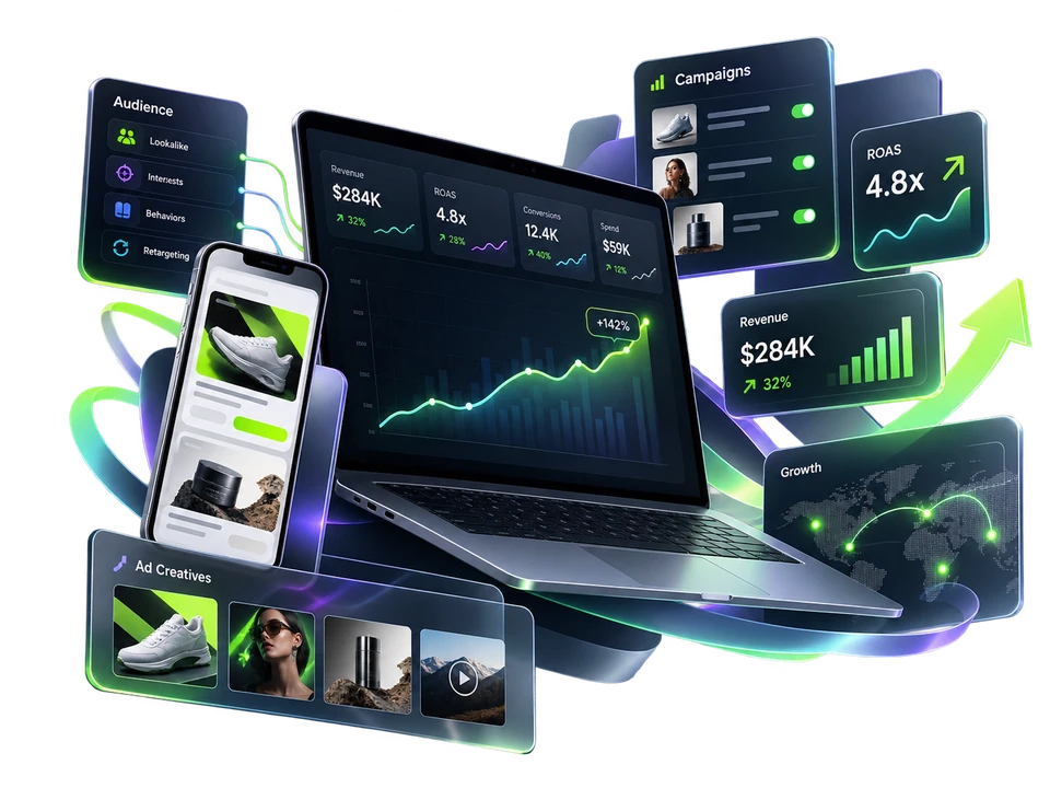 Admade media buying dashboards, TikTok and Meta ad placement management, and ROAS analytics